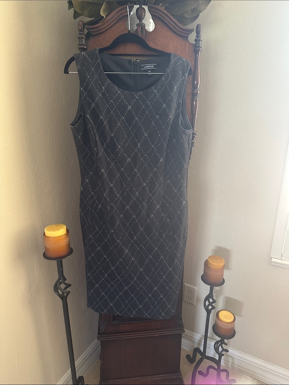 Lands' End Black Sleeveless Midi Dress with Silver Diamond Stitch